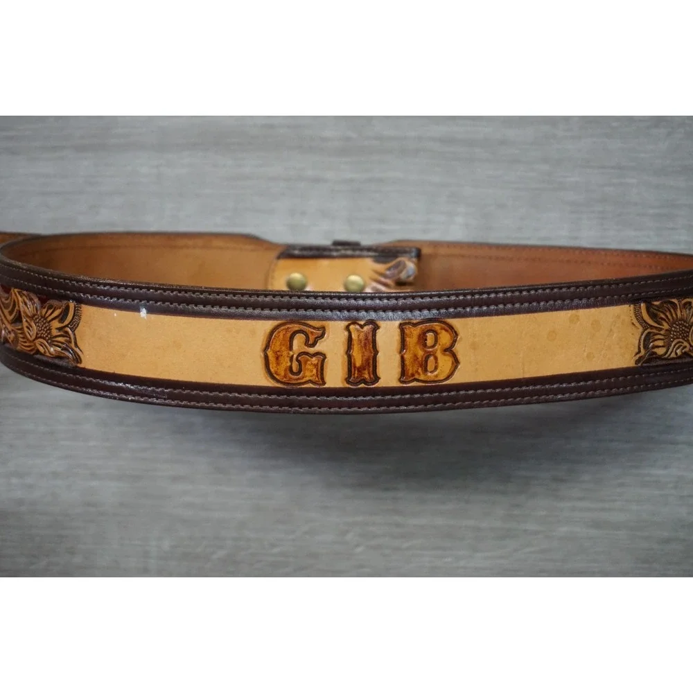 Vintage Yoakum Texas Tooled Custom Floral Leather Belt Brown Tan Western Cowboy